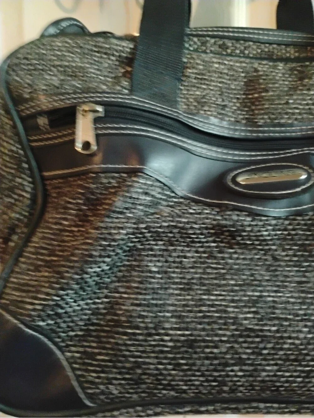 Vintage Jaguar Black & Grey Tweed Textured Satchel Handbag Faux Leather